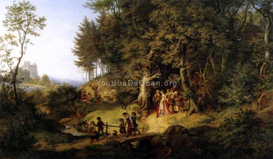 Bridal Procession In A Spring Landscape - 阿德里安·路德维格·里克特